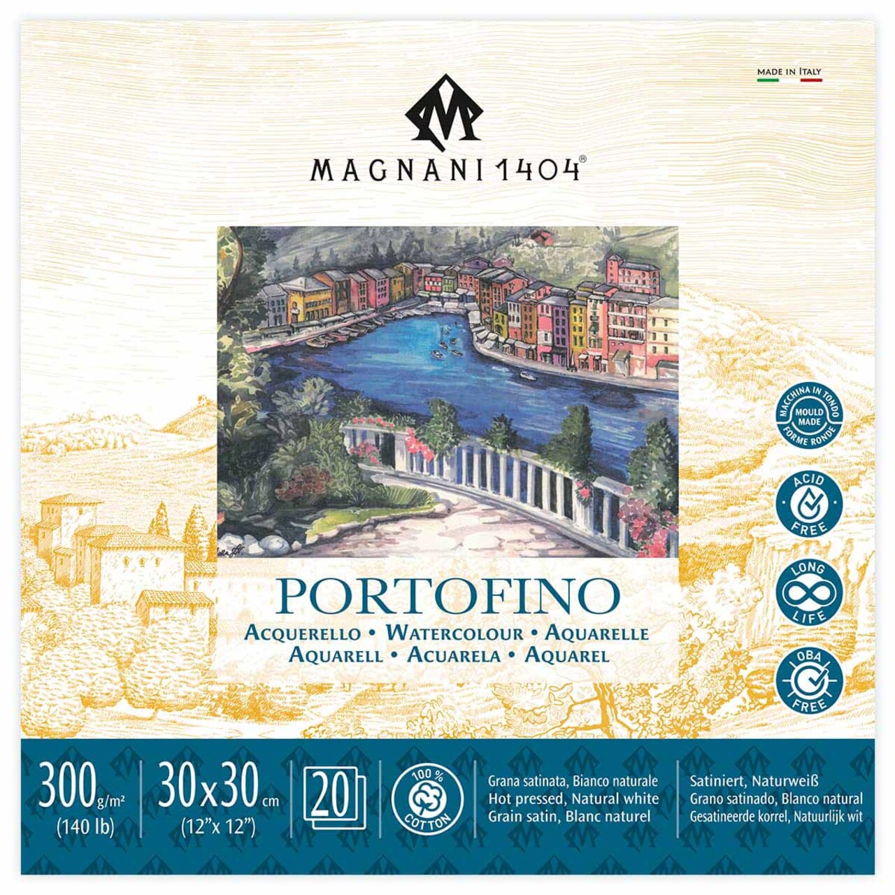 Magnani 1404 Portofino Hot Press 100% Cotton Watercolor Paper Pad, 20 Sheets, 140 lb, Acid-Free, UV Resistant, Deckled Edges, Vegan Sized Water Color Paper for Artists, Made in Italy